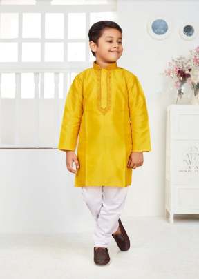 Lfh Prince Fancy Dhupian Silk With Thread Work Kurta Pyjama Yellow Color 