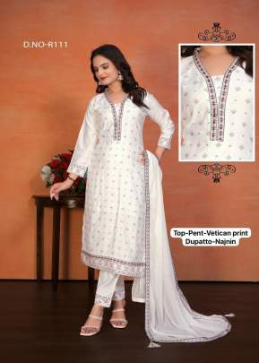 Lfh R Combo Vol 1 Vetican Print 3 Piece Kurtis Set White Color DN 111