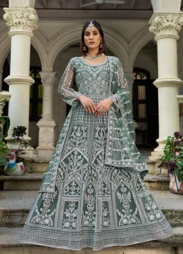 Lfh SN DN 3105 Pure Butterfly Net With Embroidery Work Anarkali Gown Sea Green Color