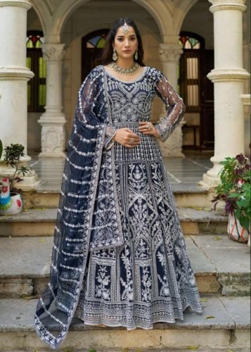Lfh SN DN 3105 Pure Butterfly Net With Embroidery Work Anarkali Gown Nevy Blue Color