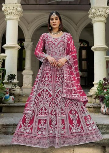 Lfh SN DN 3105 Pure Butterfly Net With Embroidery Work Anarkali Gown Magenta Pink Color