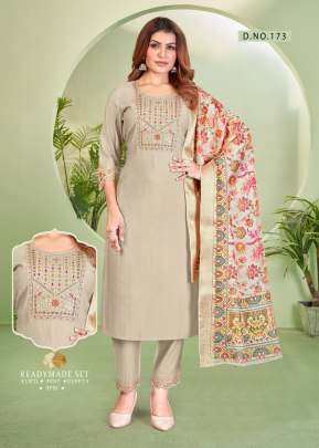 Lfh Vatican Viscos With Cotton Inner With Embroidery Work 3 Piece Kurti Set Beige Color DN 173