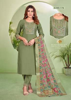 Lfh Vatican Viscos With Cotton Inner With Embroidery Work 3 Piece Kurti Set Light Mehndi Color DN 176