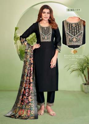 Lfh Vatican Viscos With Cotton Inner With Embroidery Work 3 Piece Kurti Set Black Color DN 177