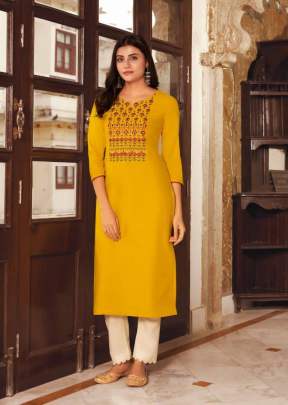 Lily Vol 21 Heavy Fancy Rayon Embroidered Work Kurti Yellow Color DN 12871