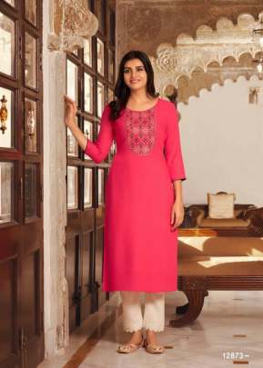 Lily Vol 21 Heavy Fancy Rayon Embroidered Work Kurti Dark Pink Color DN 12873