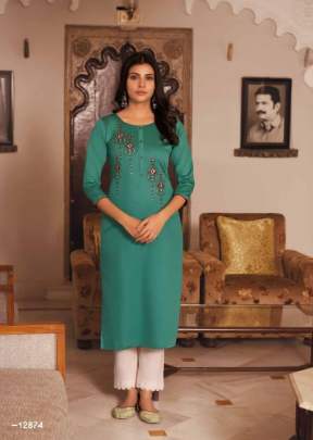 Lily Vol 21 Heavy Fancy Rayon Embroidered Work Kurti Rama Color DN 12874