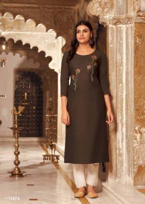 Lily Vol 21 Heavy Fancy Rayon Embroidered Work Kurti Brown Color DN 12874