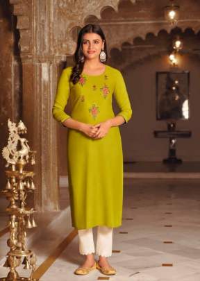 Lily Vol 21 Heavy Fancy Rayon Embroidered Work Kurti Slime Green Color DN 12875