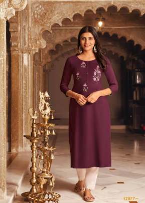 Lily Vol 21 Heavy Fancy Rayon Embroidered Work Kurti Wine Color DN 12877
