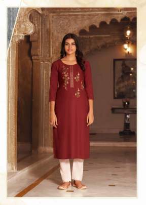 Lily Vol 21 Heavy Fancy Rayon Embroidered Work Kurti Burgundy Wine Color DN 12878