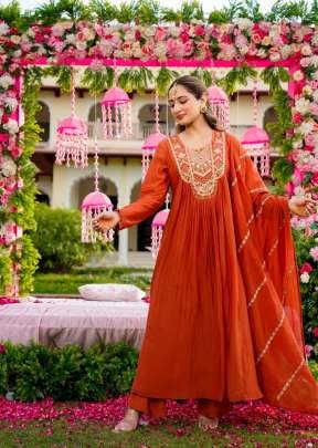 Lipsa 2 Premium Designer Pure Vichitra Silk 3 Piece Anarkali Kurti Pair With Sequence Embroidery Rust Orange Color