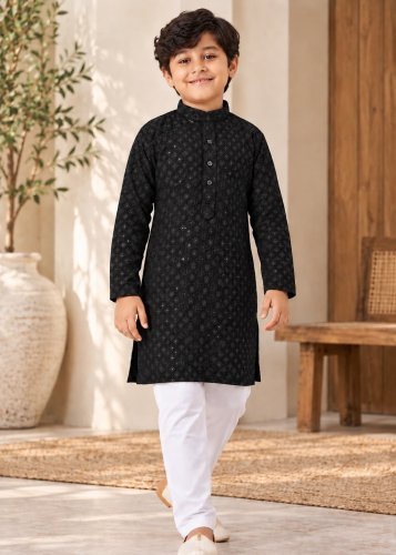 Little Boy Royal Charm Kids Kurta Pyjama Set in Heavy Rayon with Premium Chikankari Work Black Color