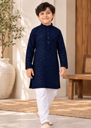 Little Boy Royal Charm Kids Kurta Pyjama Set in Heavy Rayon with Premium Chikankari Work Navy Blue Color