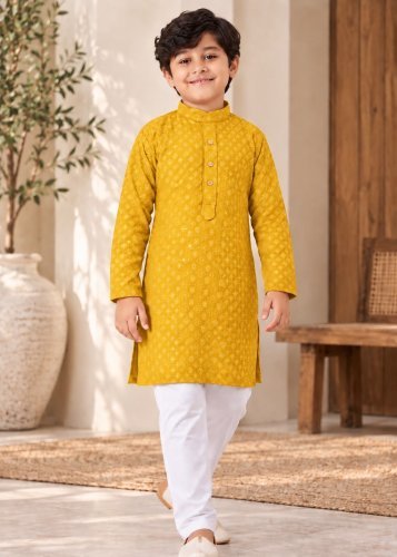 Little Boy Royal Charm Kids Kurta Pyjama Set in Heavy Rayon with Premium Chikankari Work Mustard Yellow Color