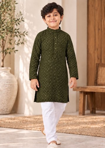 Little Boy Royal Charm Kids Kurta Pyjama Set in Heavy Rayon with Premium Chikankari Work Olive Green Color