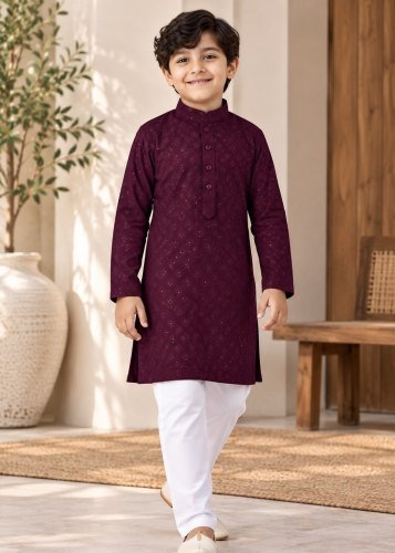Little Boy Royal Charm Kids Kurta Pyjama Set in Heavy Rayon with Premium Chikankari Work Purple Color