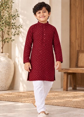 Little Boy Royal Charm Kids Kurta Pyjama Set in Heavy Rayon with Premium Chikankari Work Maroon Color