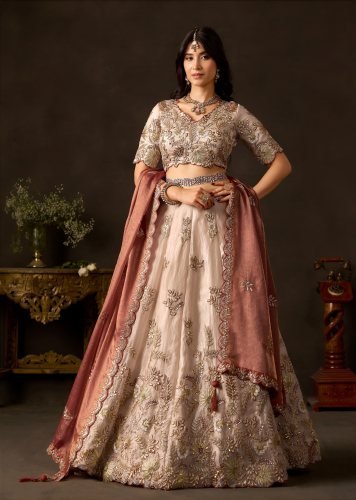 Luxurious Fendy Silk With Multiple Sequence Embroidery And Dori Work Bridal Lehenga Chol Pecha And Gold Color DN 106019