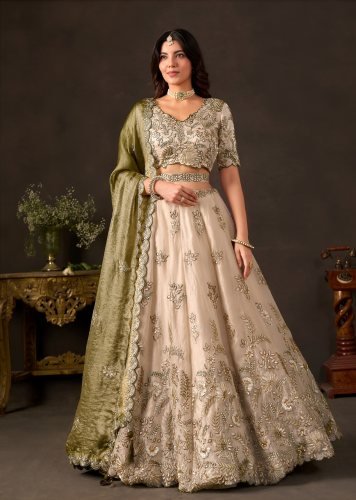 Luxurious Fendy Silk With Multiple Sequence Embroidery And Dori Work Bridal Lehenga Choli Olive Green And Gold Color DN 106019