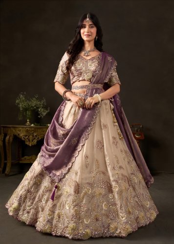 Luxurious Fendy Silk With Multiple Sequence Embroidery And Dori Work Bridal Lehenga Choli Purple And Cream DN 106019