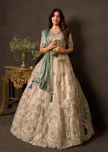 Luxurious Fendy Silk With Multiple Sequence Embroidery And Dori Work Bridal Lehenga Choli Beige  And Gold DN 106019