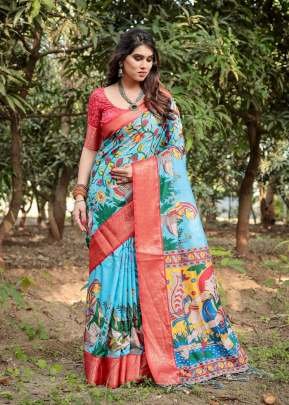 Luxurious Saree With Hand-Painted Floral Peacock Design And Red Zari Border Tussar Silk Saree Sky Blue Color DN 1059