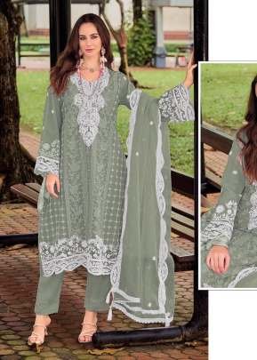 Maaria A Crunchy With Embroidery Sequence Work With Zarkan Work Pakistani Suit Sage Green Color DN 1199