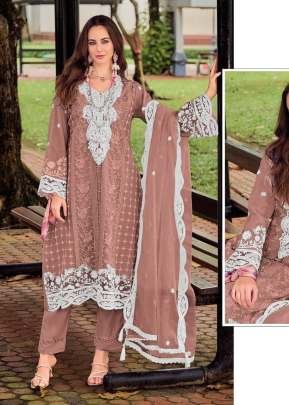 Maaria A Crunchy With Embroidery Sequence Work With Zarkan Work Pakistani Suit Light Brown DN 1199