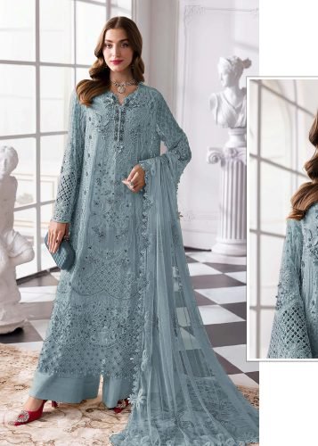 Maaria A DN 1200 Pakistani Suit In Heavy Faux Georgette With Embroidery Sequence And Khatli Work Light Blue Color 