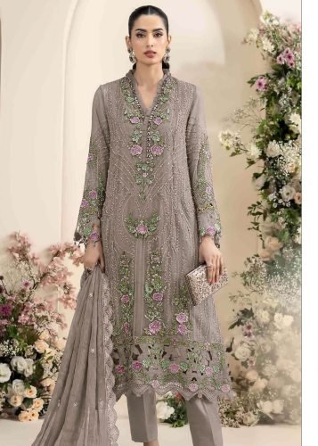 Maaria A Designer Collection Chiffon With Sequence Embroidery Work Pakistani Suit Gray and Brown Color DN 719