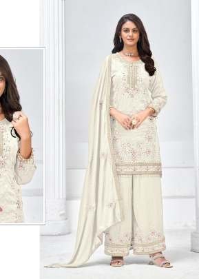 Maaria A Designer Premium Heavy Vichitra Embroidery Sequence Work With Zarkan Work Pakistani Suit White Color DN 1186