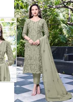 Maaria A Heavy Faux Georgette With Embroidery Sequence Work With Khatli Work Pakistani Suit Light Olive Green color DN 1166
