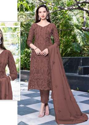 Maaria A Heavy Faux Georgette With Embroidery Sequence Work With Khatli Work Pakistani Suit Brown Color DN 1166