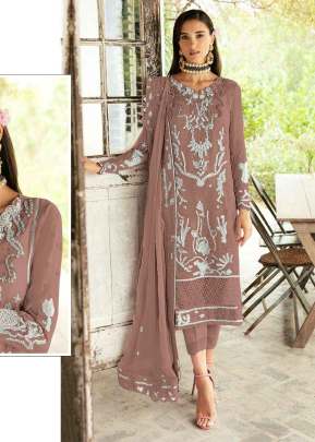  Maaria A Heavy Fox Georgette With Embroidery Sequence Work With Real Mirror & Stone Work Pakistani Suit Brown Color DN 1165