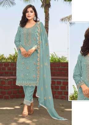 Maaria-A Heavy Orgenza With Full Embroidery Work Pakistani Suit Sky Blue Color DN 5099