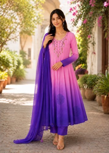  Madhu Anarkali Kali Gown Suit Set Chiffon Elegant Traditioned Full Hand Work Neck Pink And Purple Color 