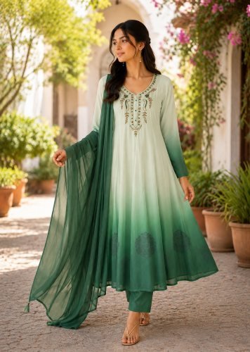  Madhu Anarkali Kali Gown Suit Set Chiffon Elegant Traditioned Full Hand Work Neck Mint Green Color