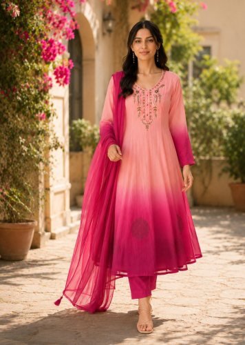  Madhu Anarkali Kali Gown Suit Set Chiffon Elegant Traditioned Full Hand Work Neck Peach And Magenta Color 