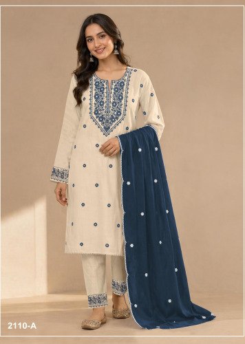 Mah E Rooh DN 2110 Khadi Cotton With Embroidery Work Pant Style Designer Suit Off White And Nevy Blue Color