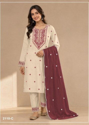Mah E Rooh DN 2110 Khadi Cotton With Embroidery Work Pant Style Designer Suit Off White And Maroon Color