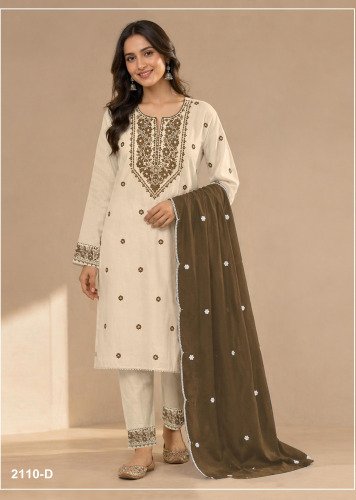 Mah E Rooh DN 2110 Khadi Cotton With Embroidery Work Pant Style Designer Suit Off White And Mehndi Color