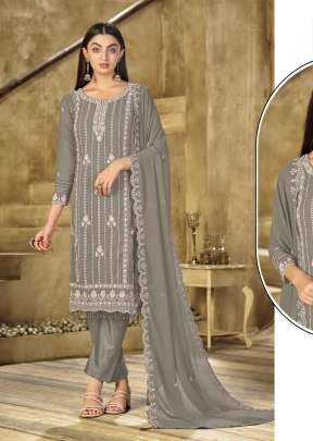 Mah E Rooh Exclusive Designer Heavy Faux Georgette Embroidered Sequence And Khatli Work Pakistani Suit Grey Color DN 2741