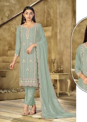 Mah E Rooh Exclusive Designer Heavy Faux Georgette Embroidered Sequence And Khatli Work Pakistani Suit Light Green Color DN 2741