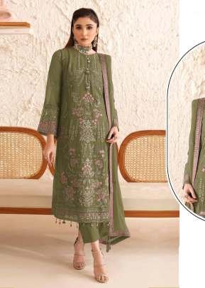 Mah-E-Rooh Premium Pakistani Suit In Faux Georgette With Embroidered Sequins And Khatli Work Olive Green Color DN 4216