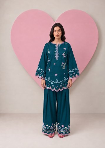 Mah E Room Fancy And Stylish  Top Palazzo Set Cotton Flex With Embroidered Work Teal Blue Color DN 4919