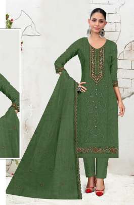 Mah E Room Organza With Embroidery Sequence Work & Khatli Work Pakistani Suit Green Color DN 5185
