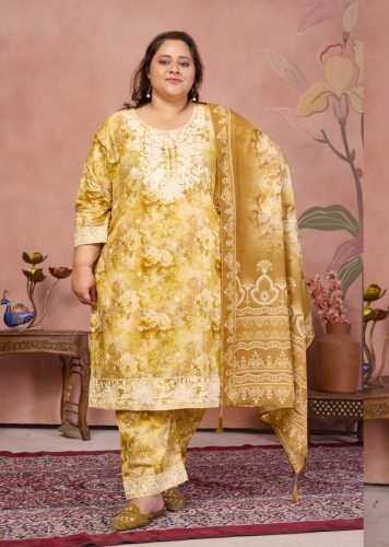 Makhi Premium Cambic Cotton Export Quality With Embroidery work Kurtis Pent Dupatta Set Mustard Yellow Color Vol 1