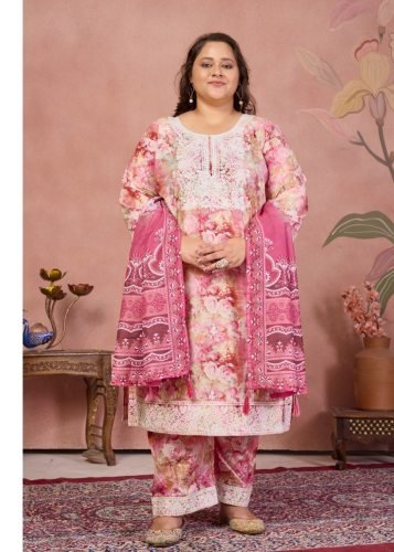Makhi Premium Cambic Cotton Export Quality With Embroidery work Kurtis Pent Dupatta Set Pink Color Vol 1