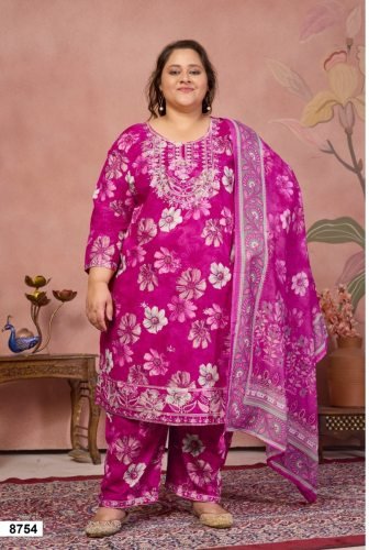 Makhi Premium Cambic Cotton Export Quality With Embroidery work Kurtis Pent Dupatta Set Magenta Color Vol 1